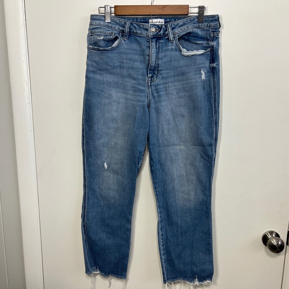 Studio Blue Straight Leg Jeans Womens 30 Blue Distressed Raw Hem‎